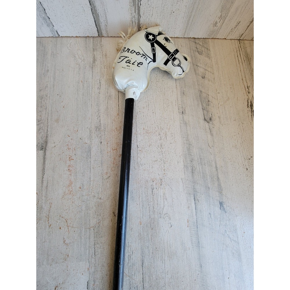 Vintage broomstick horse unique play toy pretend pony rubber white black home